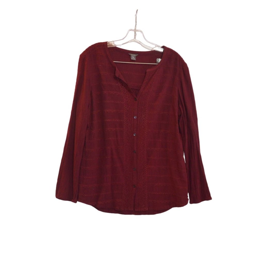 EDDIE BAUER Srilanka Rayon Red Long Sleeves Embroidery ButtonDown Blouse Women M
